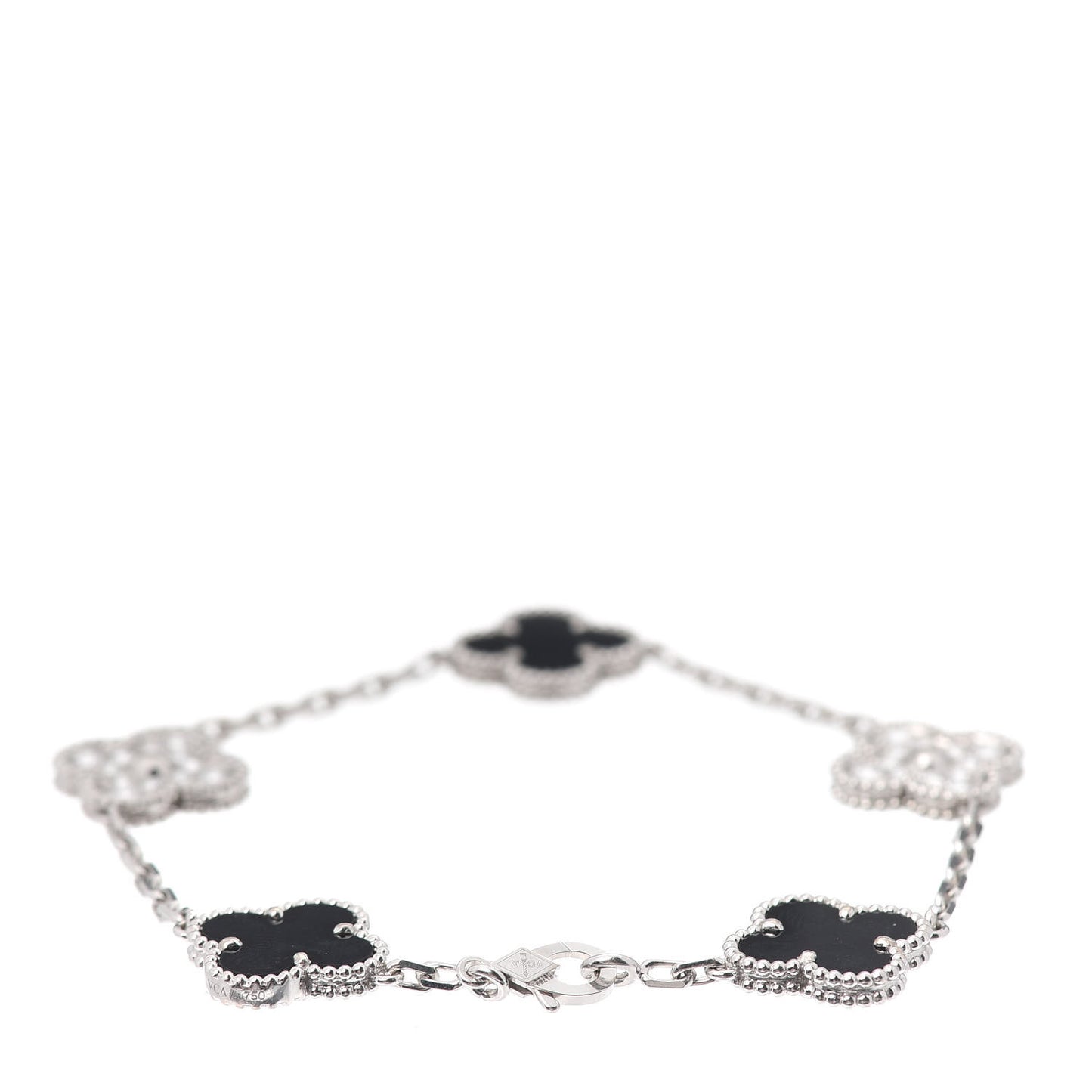 18K White Gold Diamond Black Onyx 5 Motifs Vintage Alhambra Bracelet