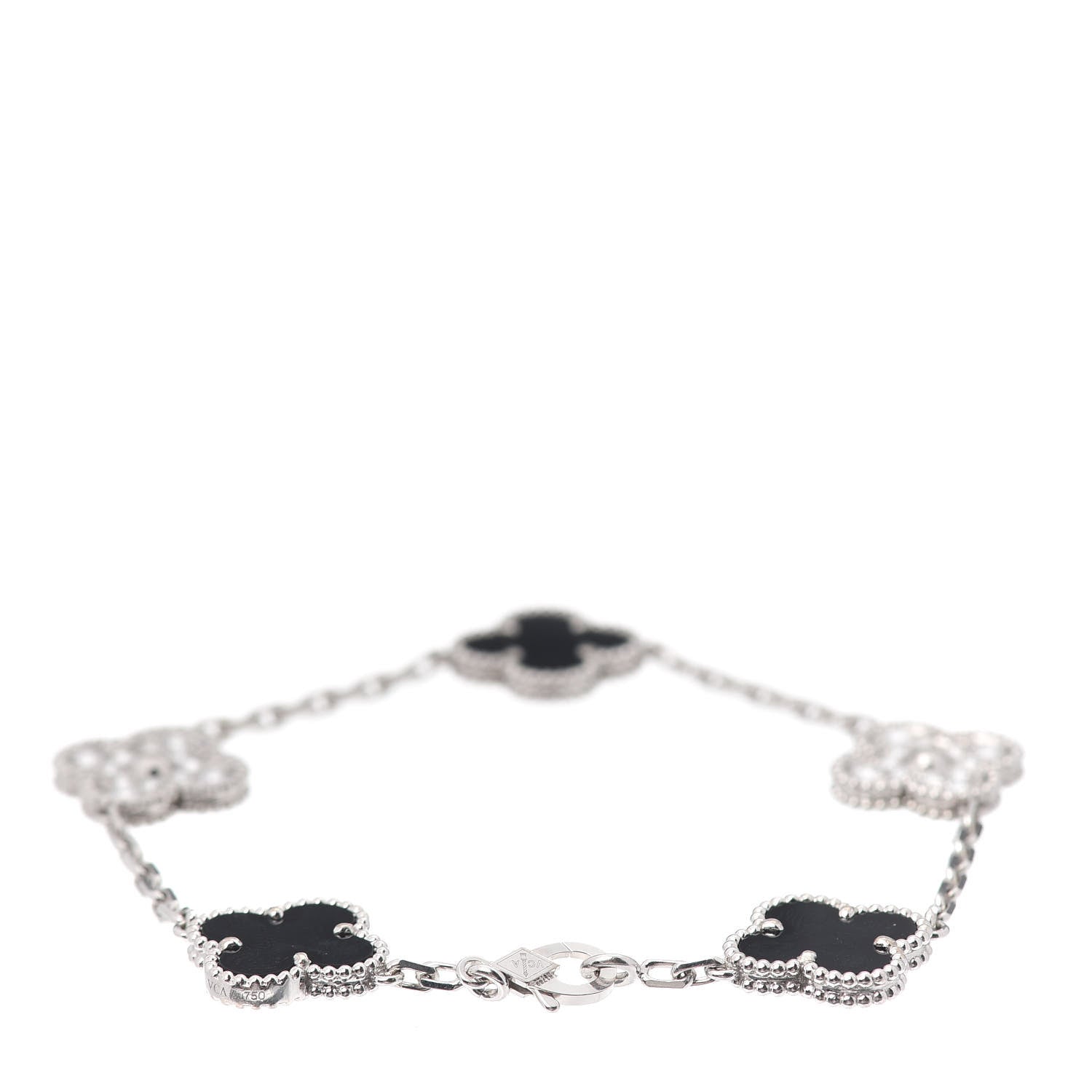 Van Cleef & Arpels 18K White Gold Diamond Black Onyx 5 Motifs Vintage Alhambra Bracelet 3 of 8