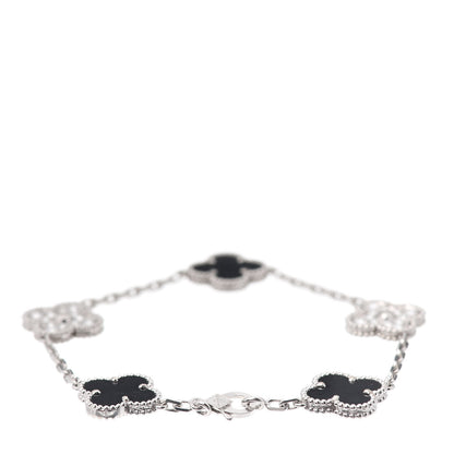 Van Cleef & Arpels 18K White Gold Diamond Black Onyx 5 Motifs Vintage Alhambra Bracelet 3 of 8