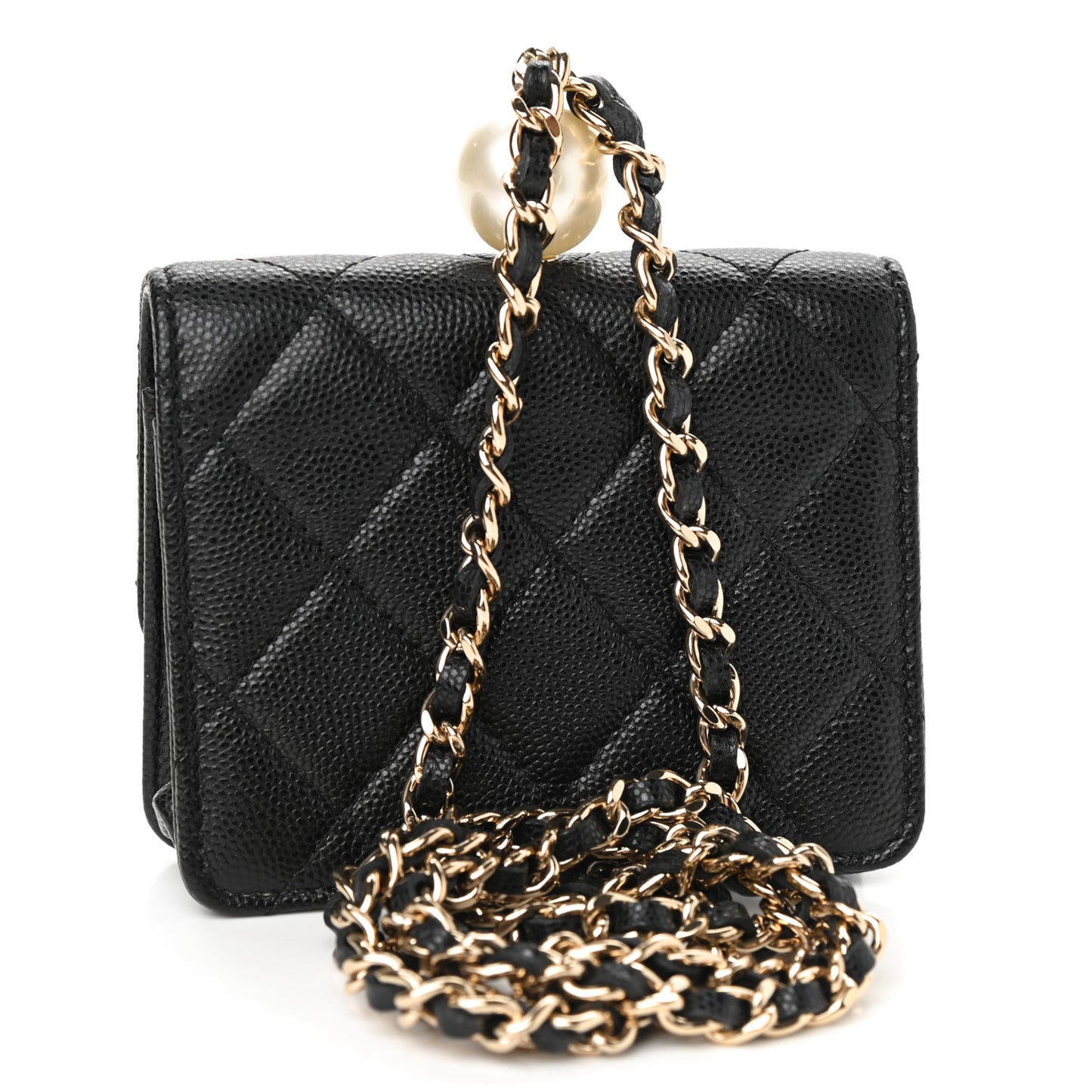 Caviar Quilted Pearl Card Holder On Chain Black