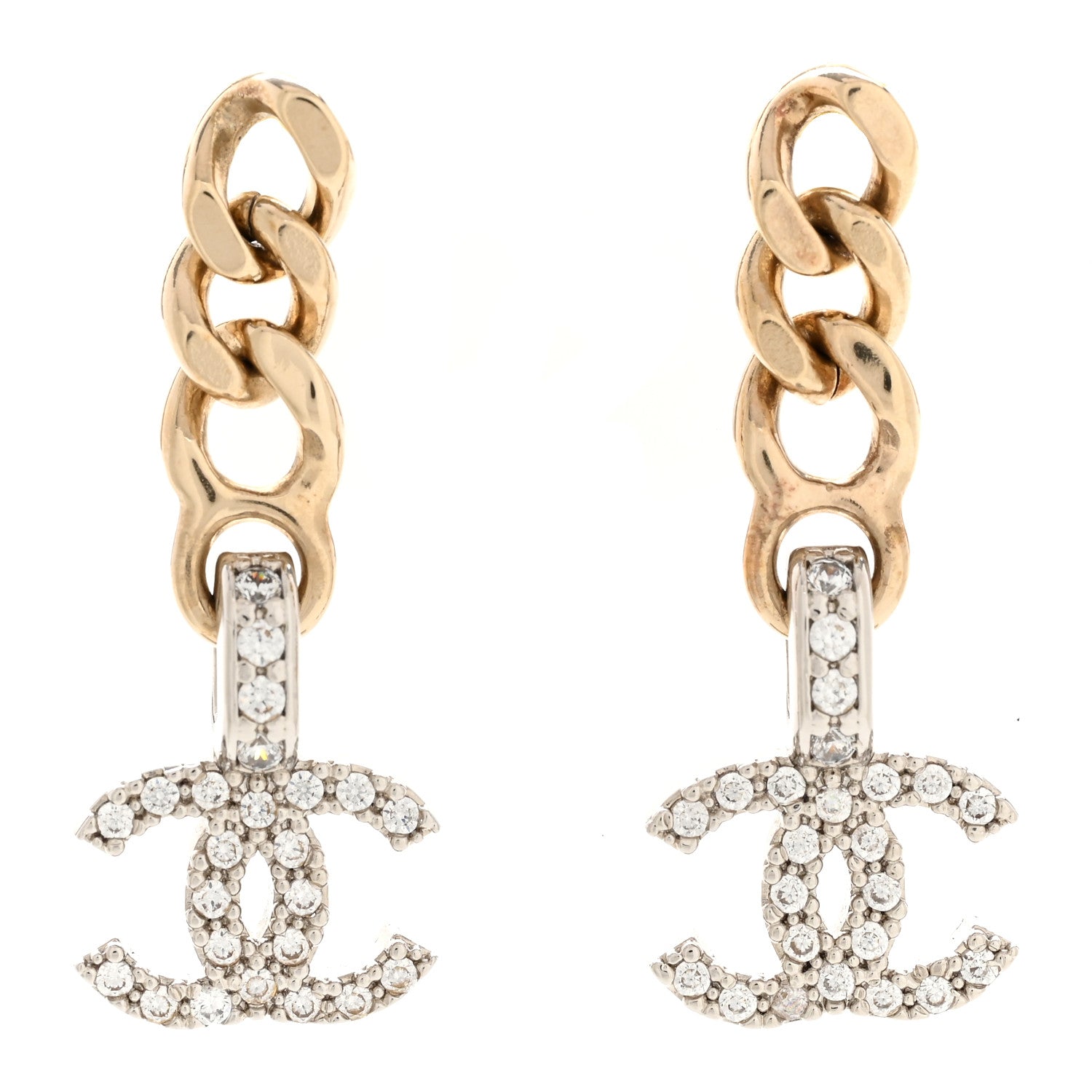 Chanel Metal Crystal CC Chain Drop Earrings Gold 1 of 5
