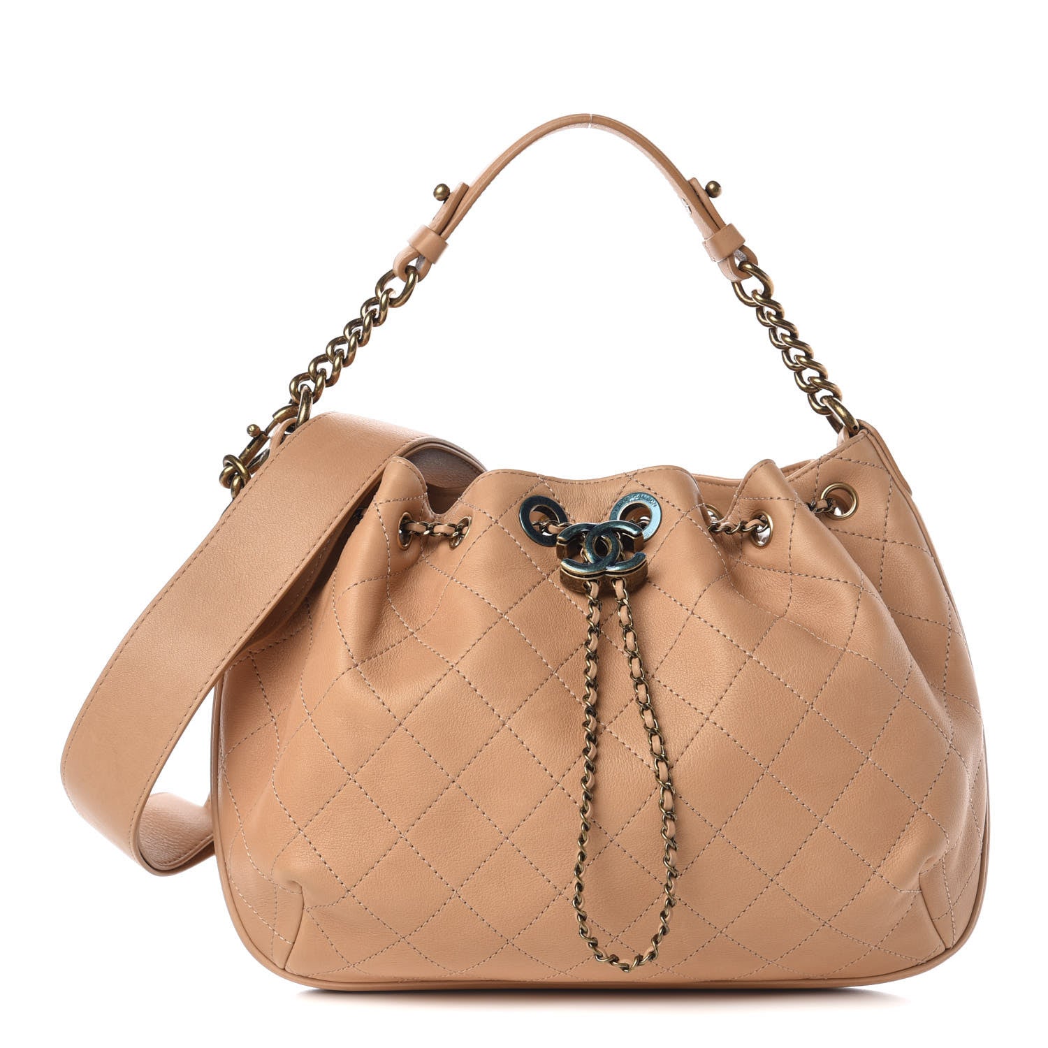 Chanel Calfskin Quilted Drawstring CC Medium Hobo Beige 1 of 16