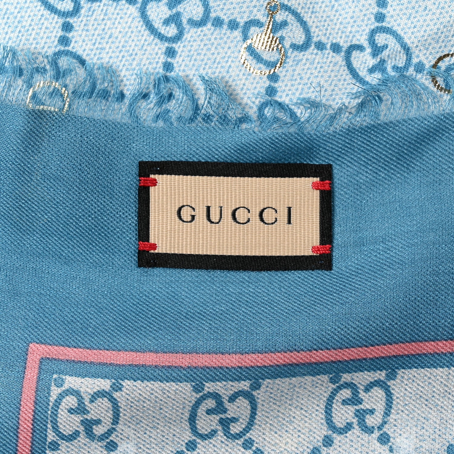 Gucci Modal Silk GG Monogram Big Gold Horsebit Fringe Shawl Bluette Pink 2 of 5