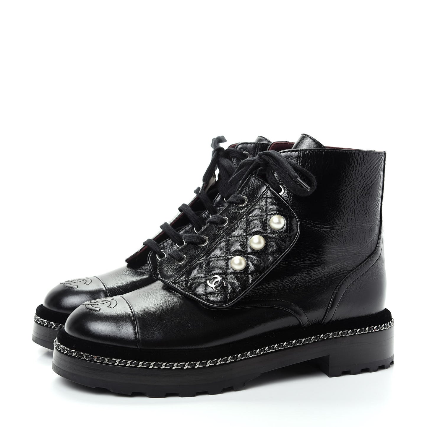 Crackled Calfskin Velvet Pearl Combat Short Boots 38 Black