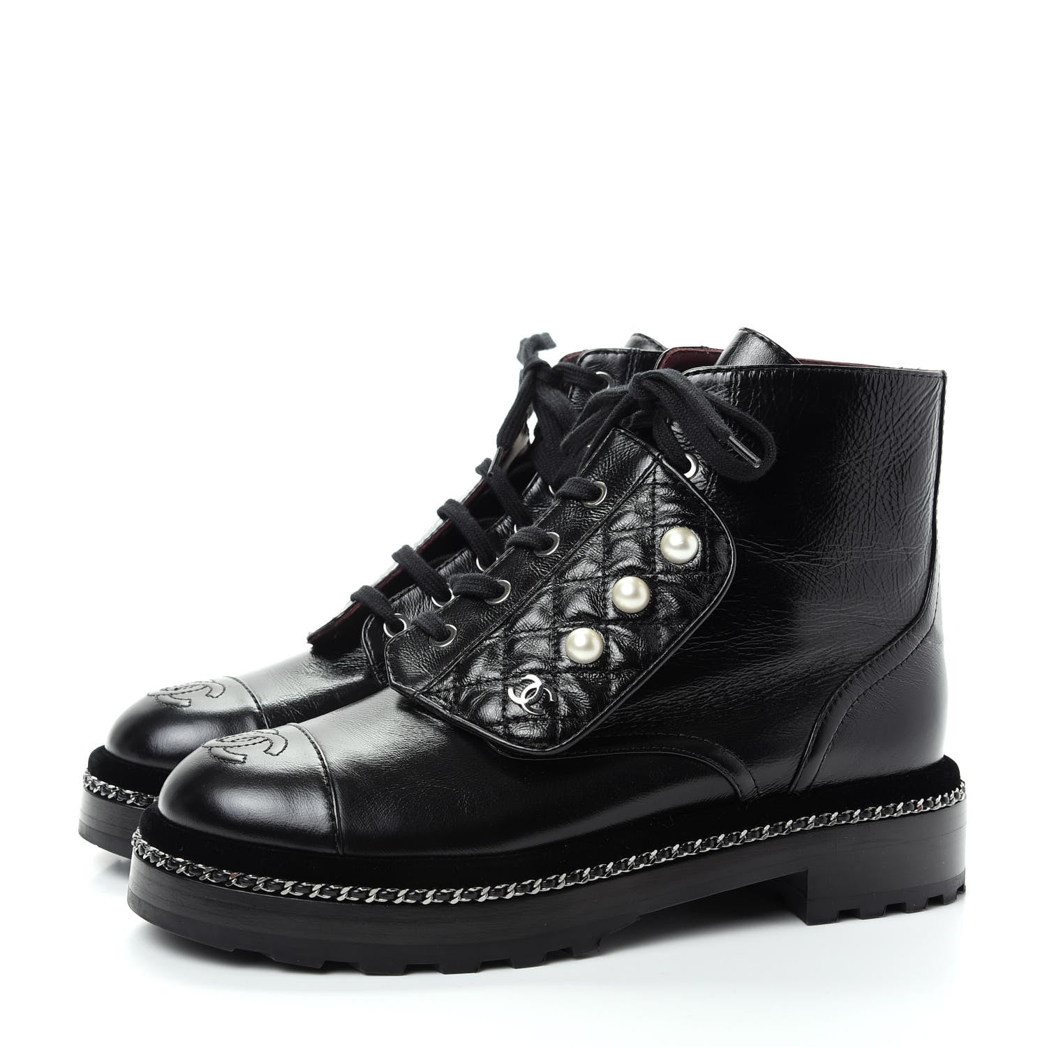 Chanel Crackled Calfskin Velvet Pearl Combat Short Boots 38 Black 3 of 11