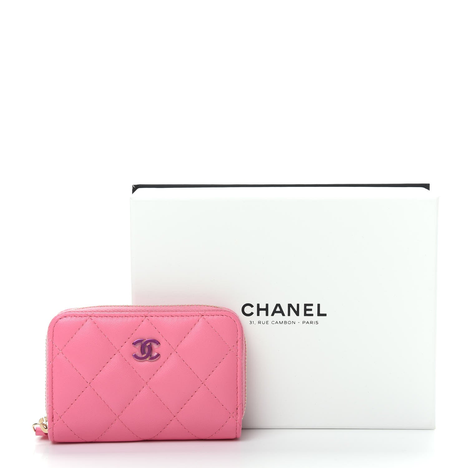 Chanel Lambskin Quilted Zip Around Coin Purse Wallet Pink Yellow 8 of 8