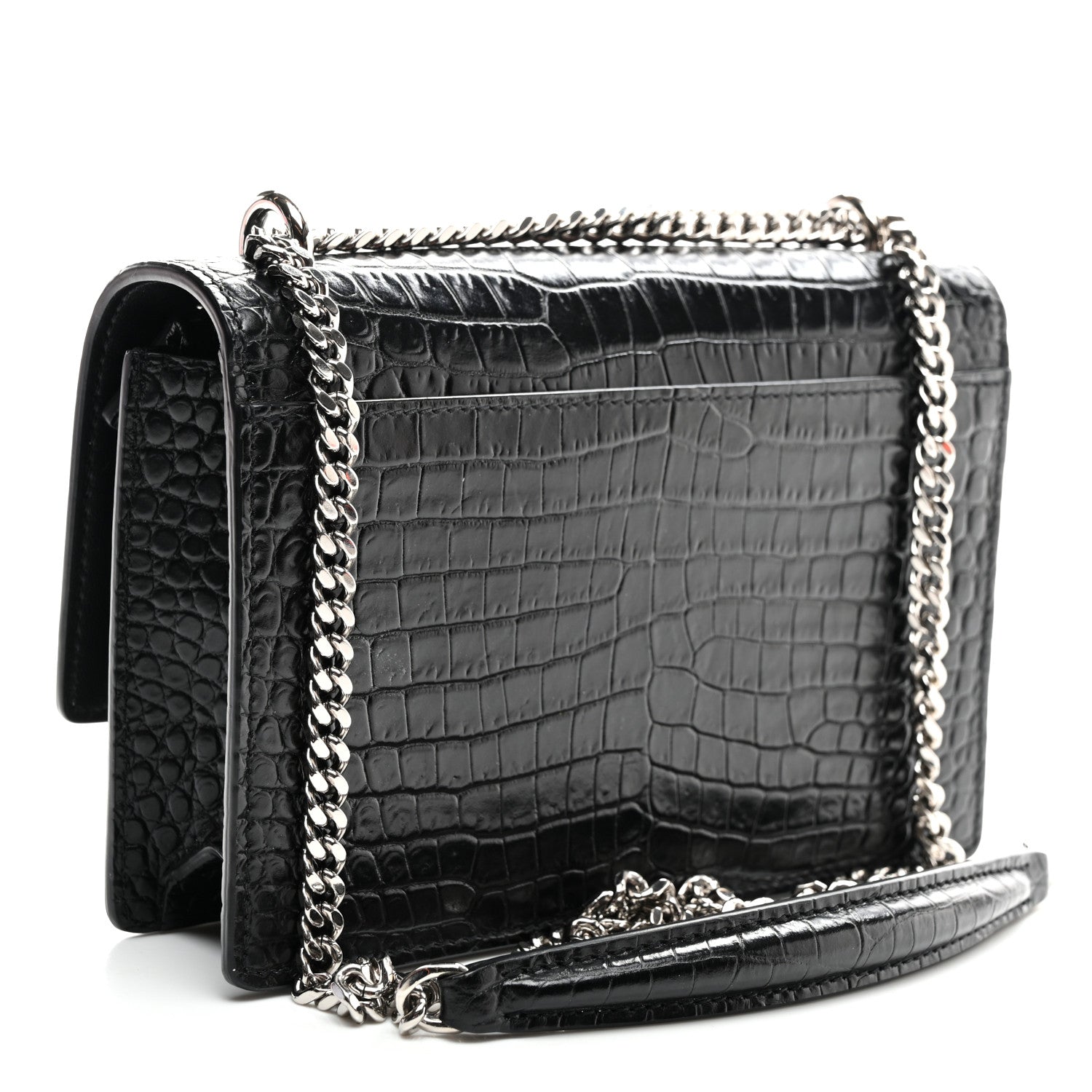Saint Laurent Calfskin Crocodile Embossed Monogram Sunset Chain Wallet Black 2 of 9