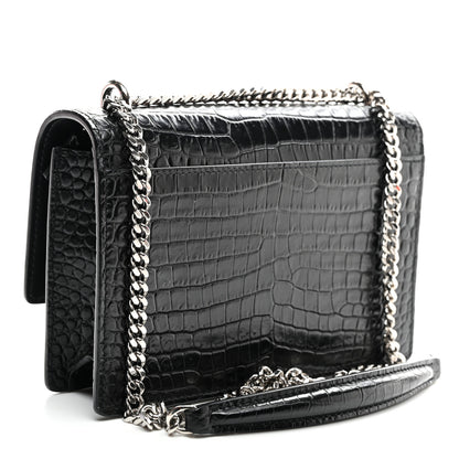 Saint Laurent Calfskin Crocodile Embossed Monogram Sunset Chain Wallet Black 2 of 9