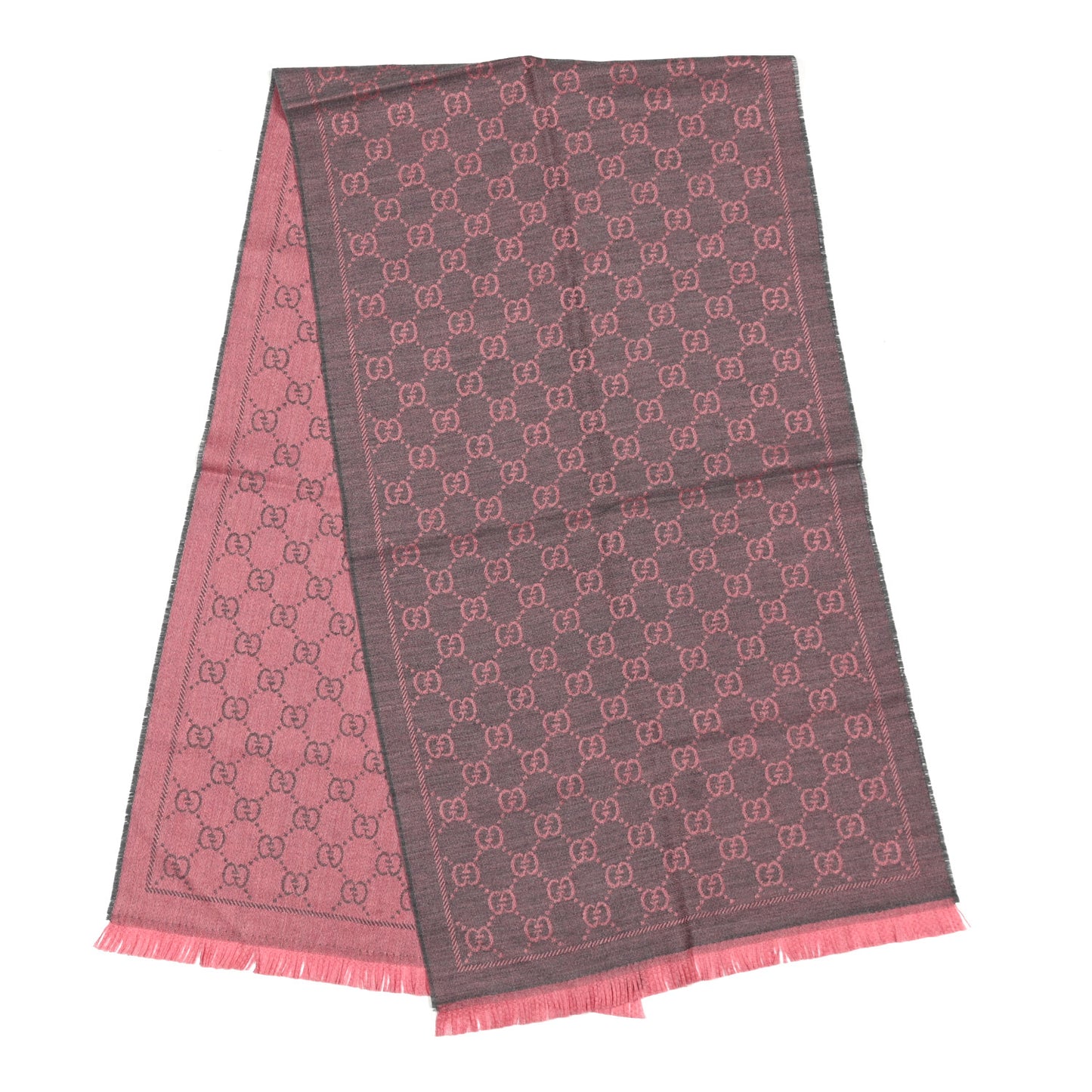 Wool Jacquard GG Monogram Sten Fringe Scarf Graphite Pink