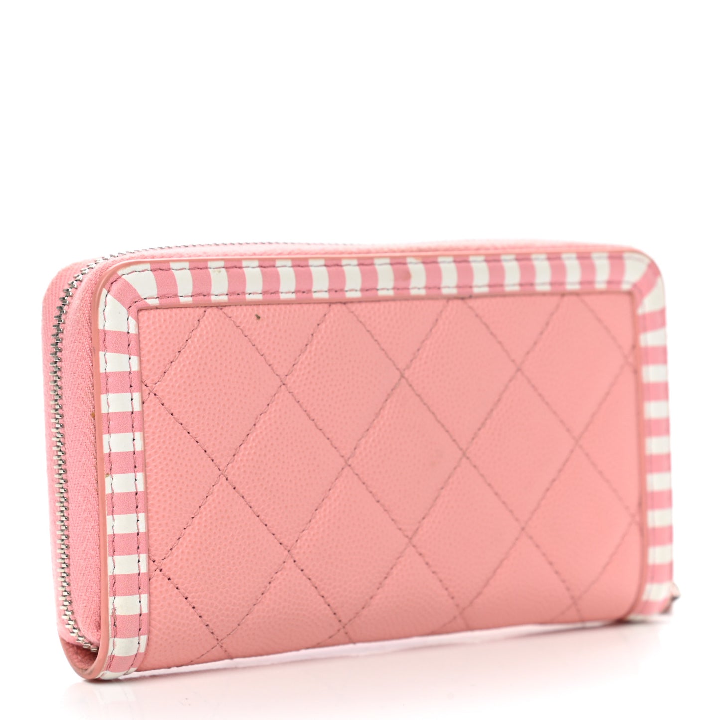 Caviar Quilted Medium Stripe Filigree Zip Around Wallet Pink White