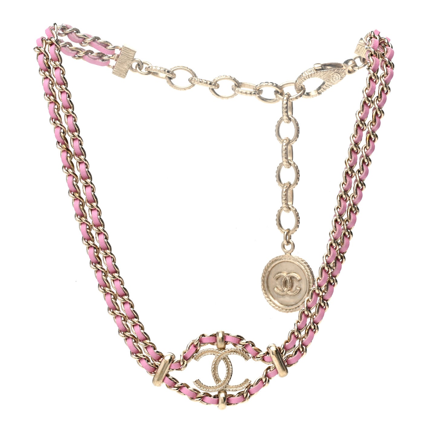Metal Lambskin CC Chain Link Necklace Pink