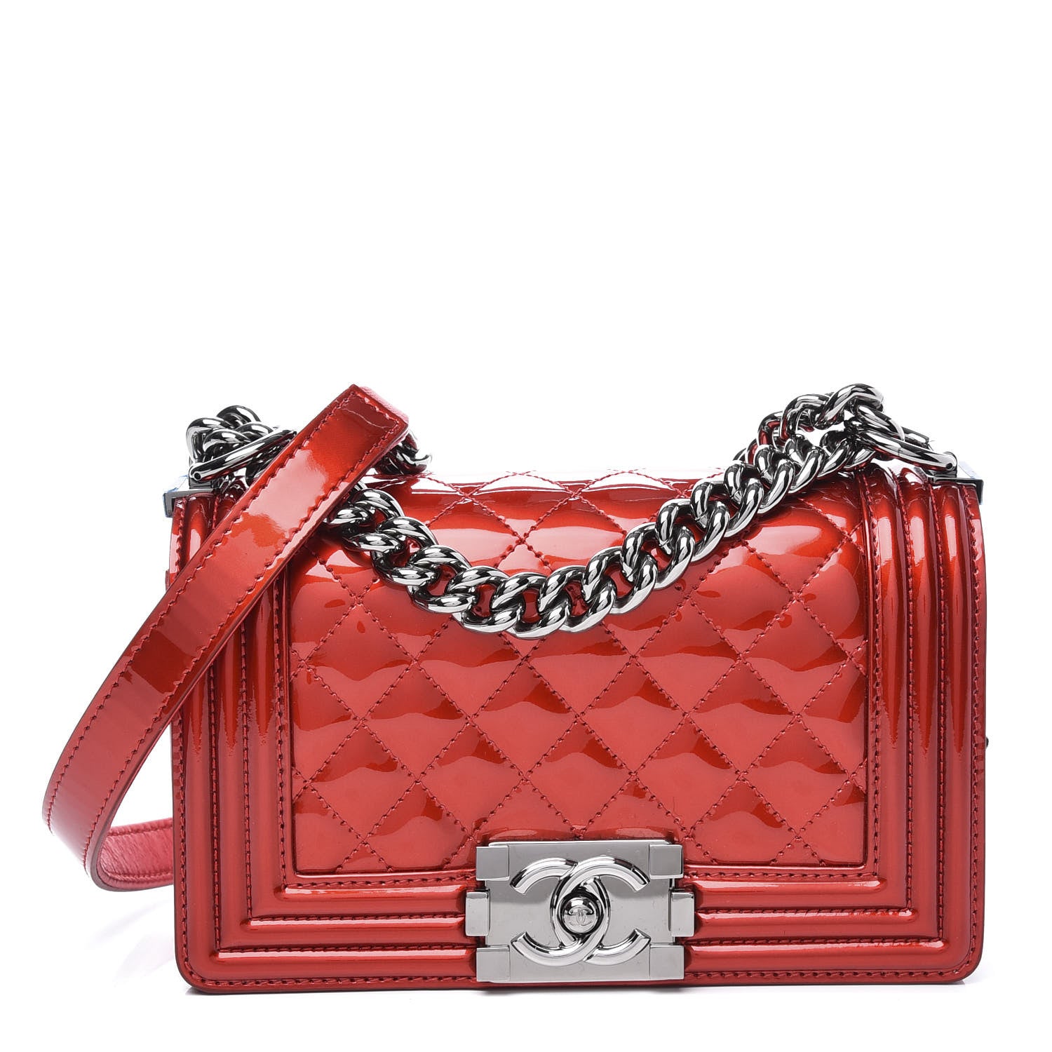 Chanel Metallic Patent Calfskin Quilted Small Boy Flap Red 1 of 12
