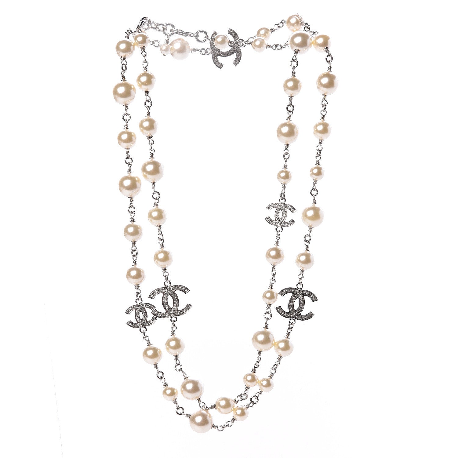 Chanel Graduated Pearl Crystal CC Long Necklace Silver Pearly White 3 of 5