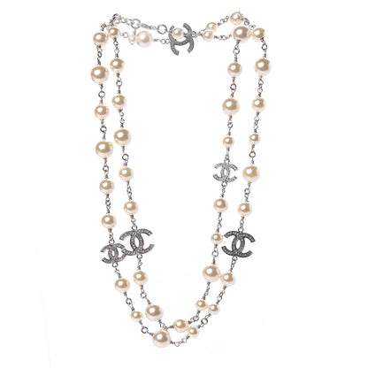 Chanel Graduated Pearl Crystal CC Long Necklace Silver Pearly White 3 of 5