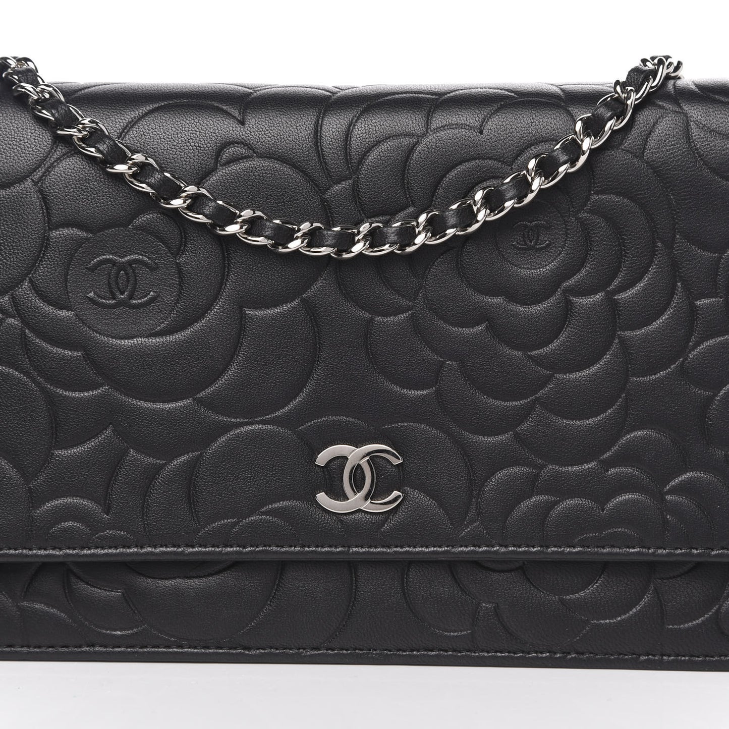 Lambskin Camellia Embossed Wallet on Chain WOC Black