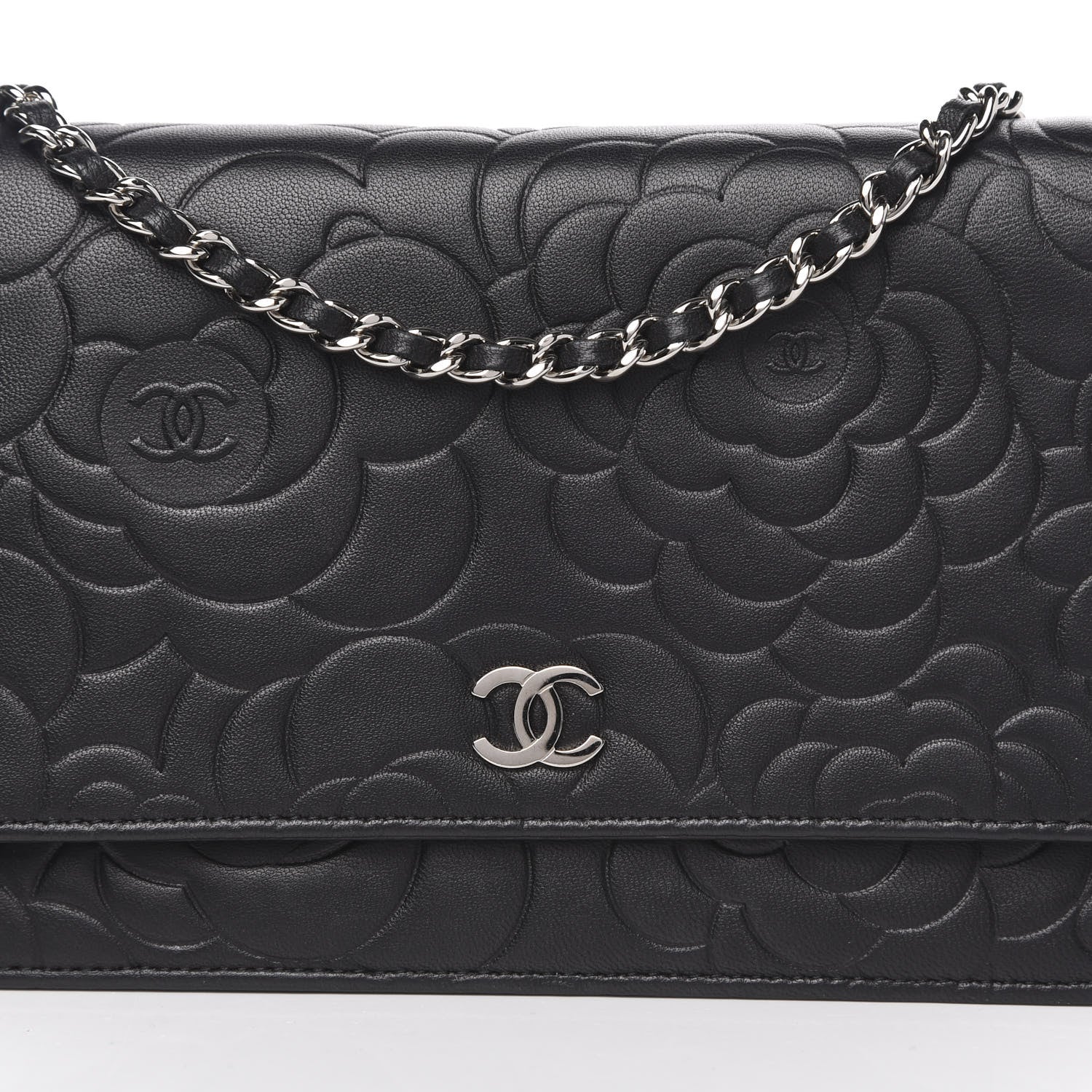 Chanel Lambskin Camellia Embossed Wallet on Chain WOC Black 12 of 12