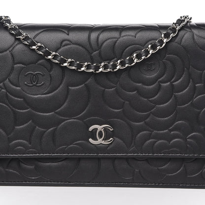 Chanel Lambskin Camellia Embossed Wallet on Chain WOC Black 12 of 12