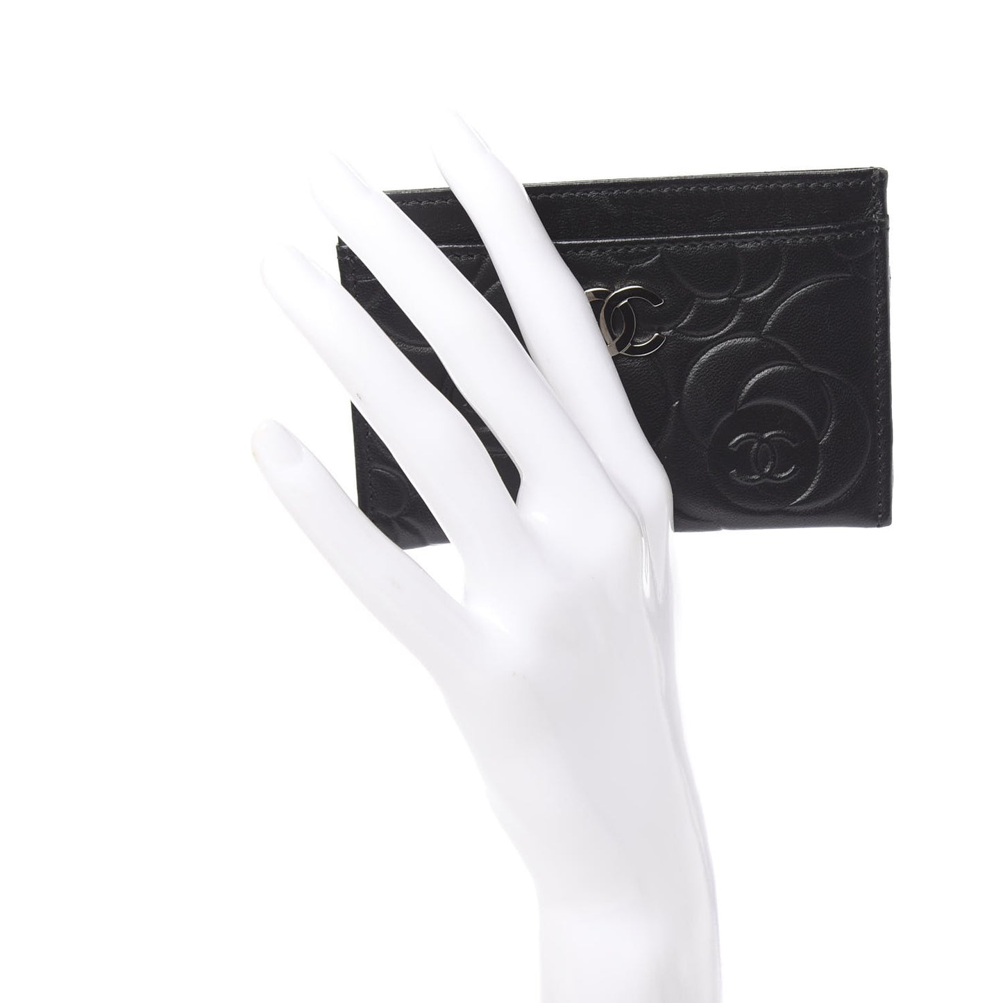 Lambskin Camellia Embossed Card Holder Black