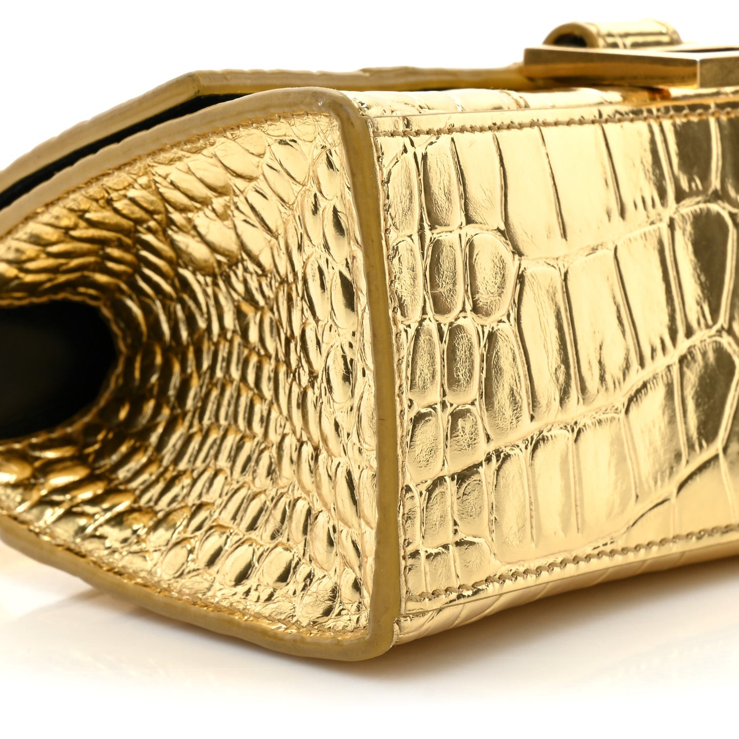 Metallic Calfskin Crocodile Embossed Hourglass Top Handle Bag XS Gold