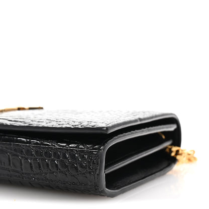 Saint Laurent Calfskin Crocodile Embossed Cassandre Wallet On Chain WOC Black 10 of 10