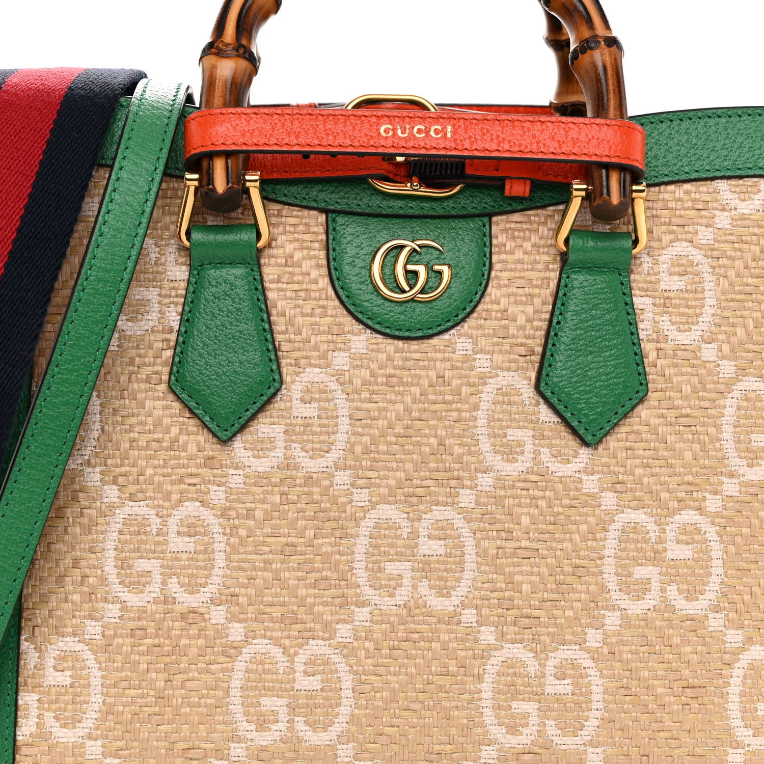 Gucci Raffia Textured Dollar Calfskin Web GG Monogram Small Diana Tote Bag Natural White New Shamarock Deep Orange 7 of 9