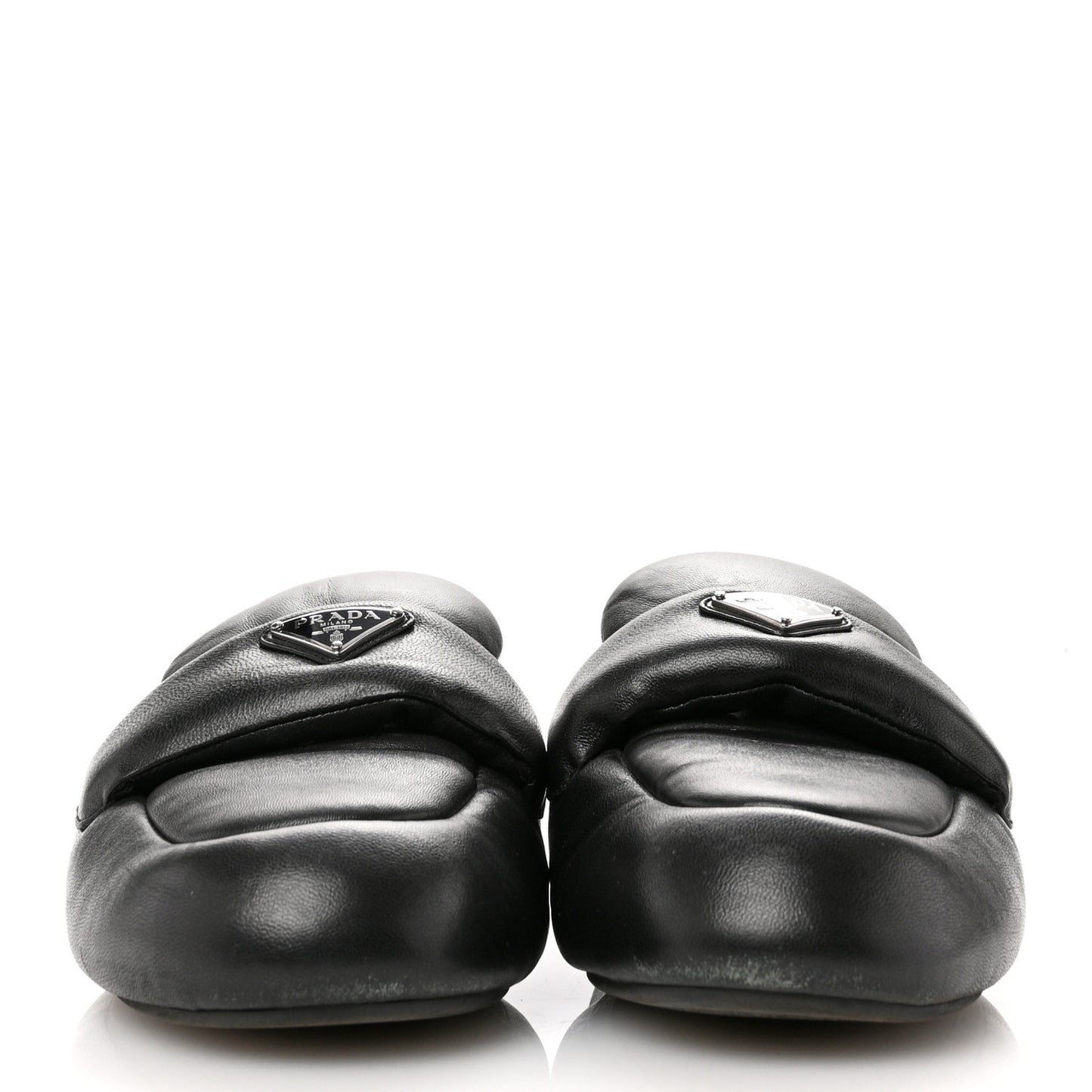 Nappa Soft Padded Metal Triangle Logo Lug Sole 20mm Mules 38.5 Black