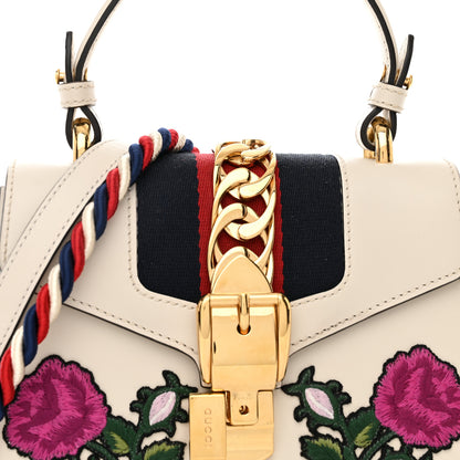 Gucci Calfskin Embroidered Mini Sylvie Top Handle Bag White 9 of 12