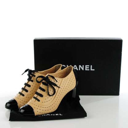 Chanel Lambskin Perforated Cap Toe Boots 37 Beige Black 5 of 8