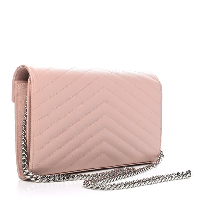 Saint Laurent Grain De Poudre Matelasse Chevron Monogram Chain Wallet Pale Pink 2 of 4
