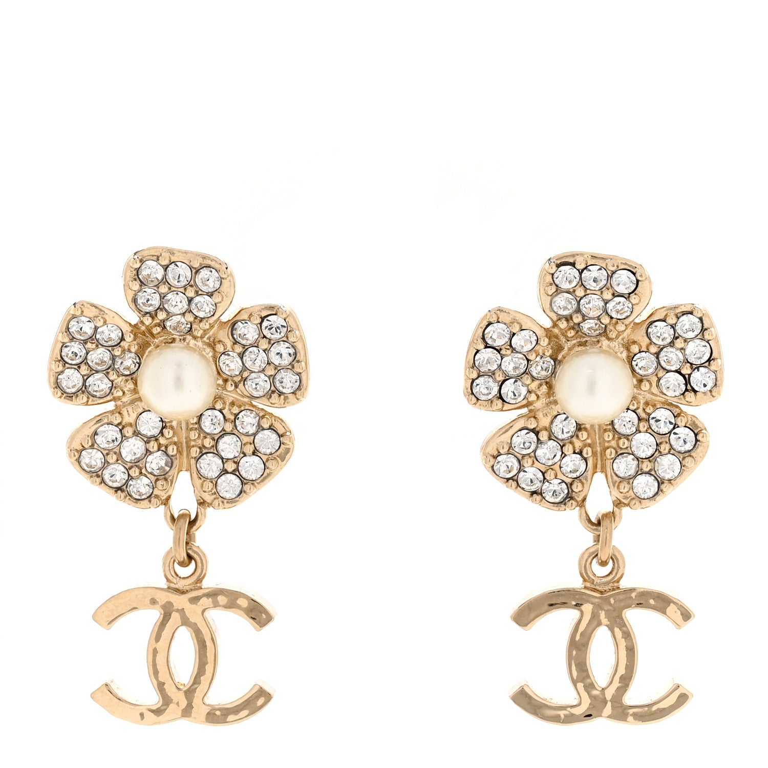 Chanel Pearl Crystal CC Flower Drop Earrings Gold White 1 of 4