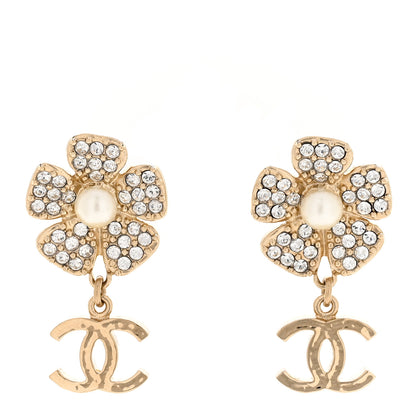 Chanel Pearl Crystal CC Flower Drop Earrings Gold White 1 of 4