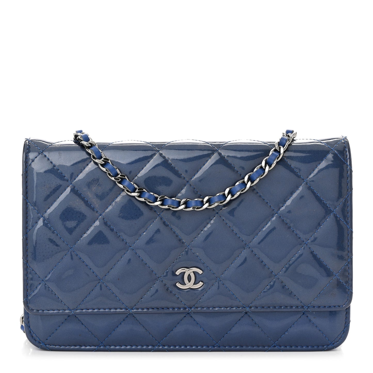 Patent Quilted Wallet On Chain WOC Blue