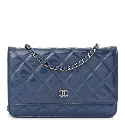 Chanel Patent Quilted Wallet On Chain WOC Blue 1 of 12