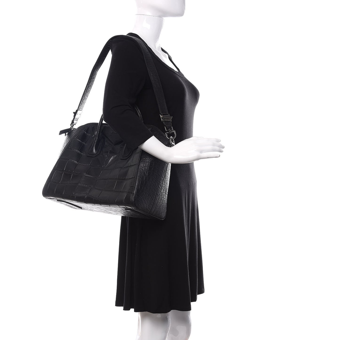 Calfskin Crocodile Embossed 3D Stud Medium Antigona Black