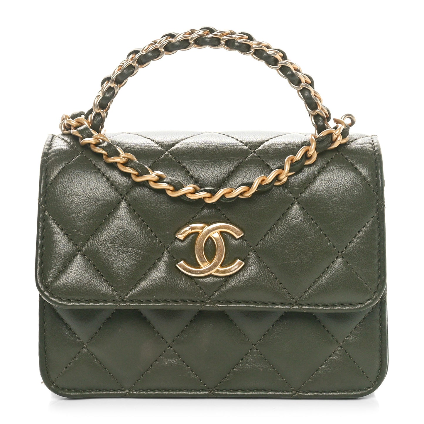 Lambskin Quilted Chain Top Handle Clutch With Chain Khaki