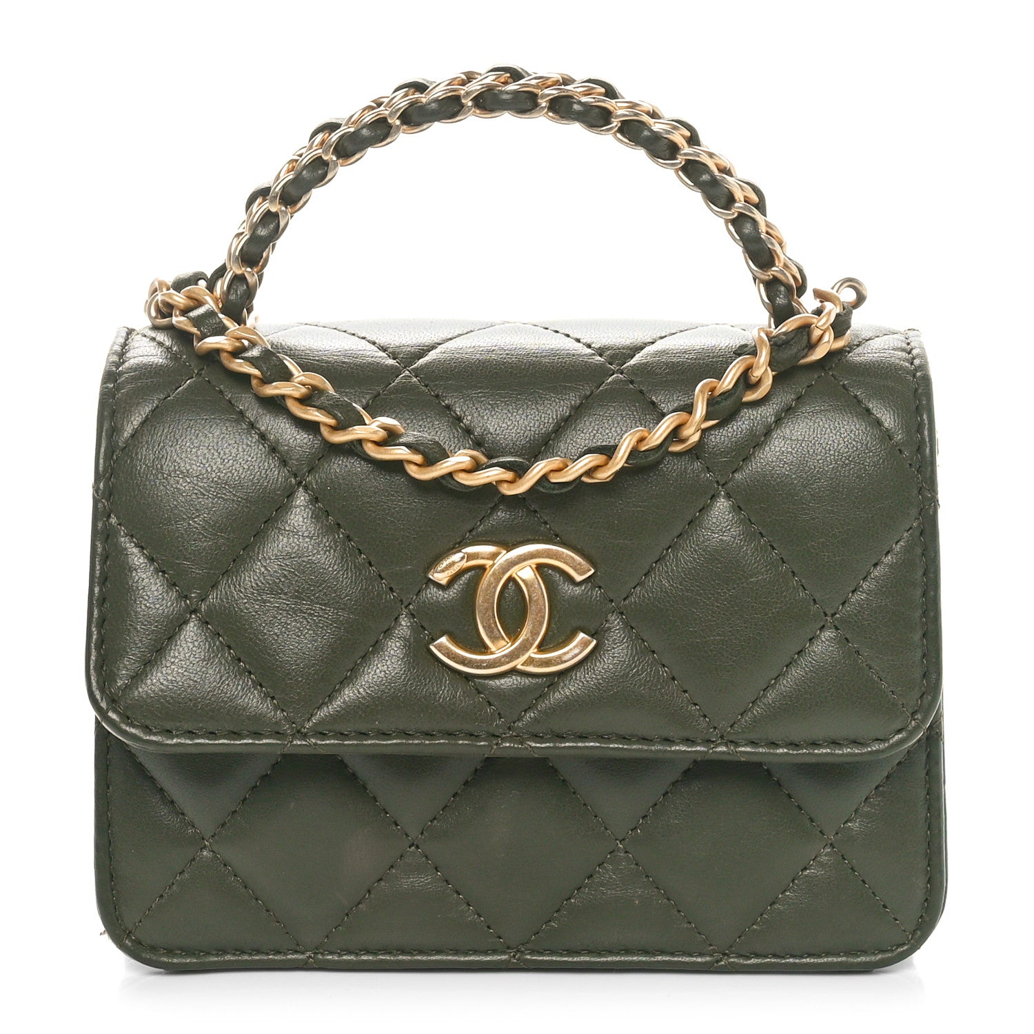 Chanel Lambskin Quilted Chain Top Handle Clutch With Chain Khaki 1 of 11