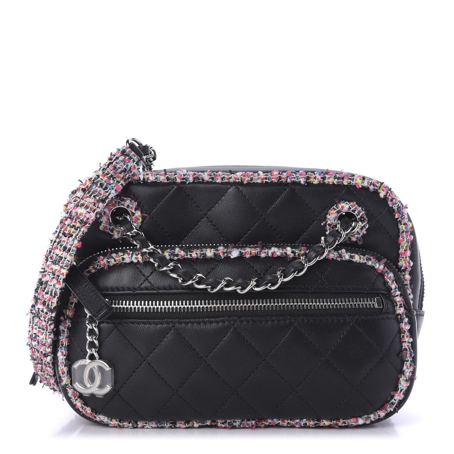 Lambskin Quilted Tweed Elegant Trim Front Zip Camera Case Black
