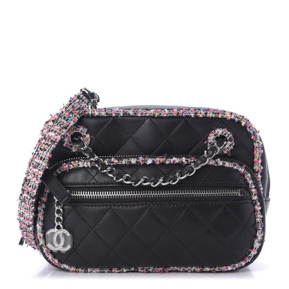 Chanel Lambskin Quilted Tweed Elegant Trim Front Zip Camera Case Black 1 of 9