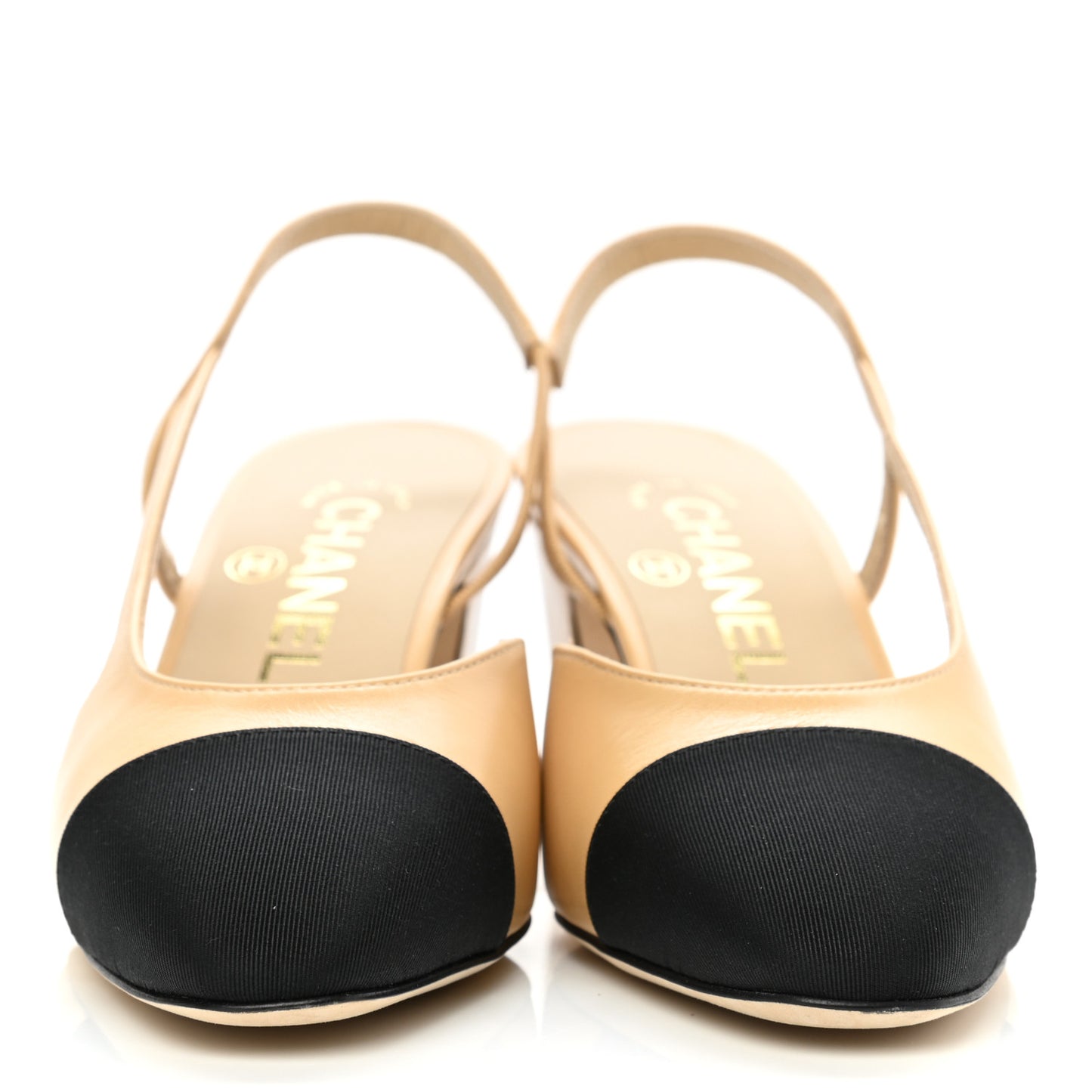 Goatskin Grosgrain Cap Toe CC Slingback Pumps 35 Beige Black