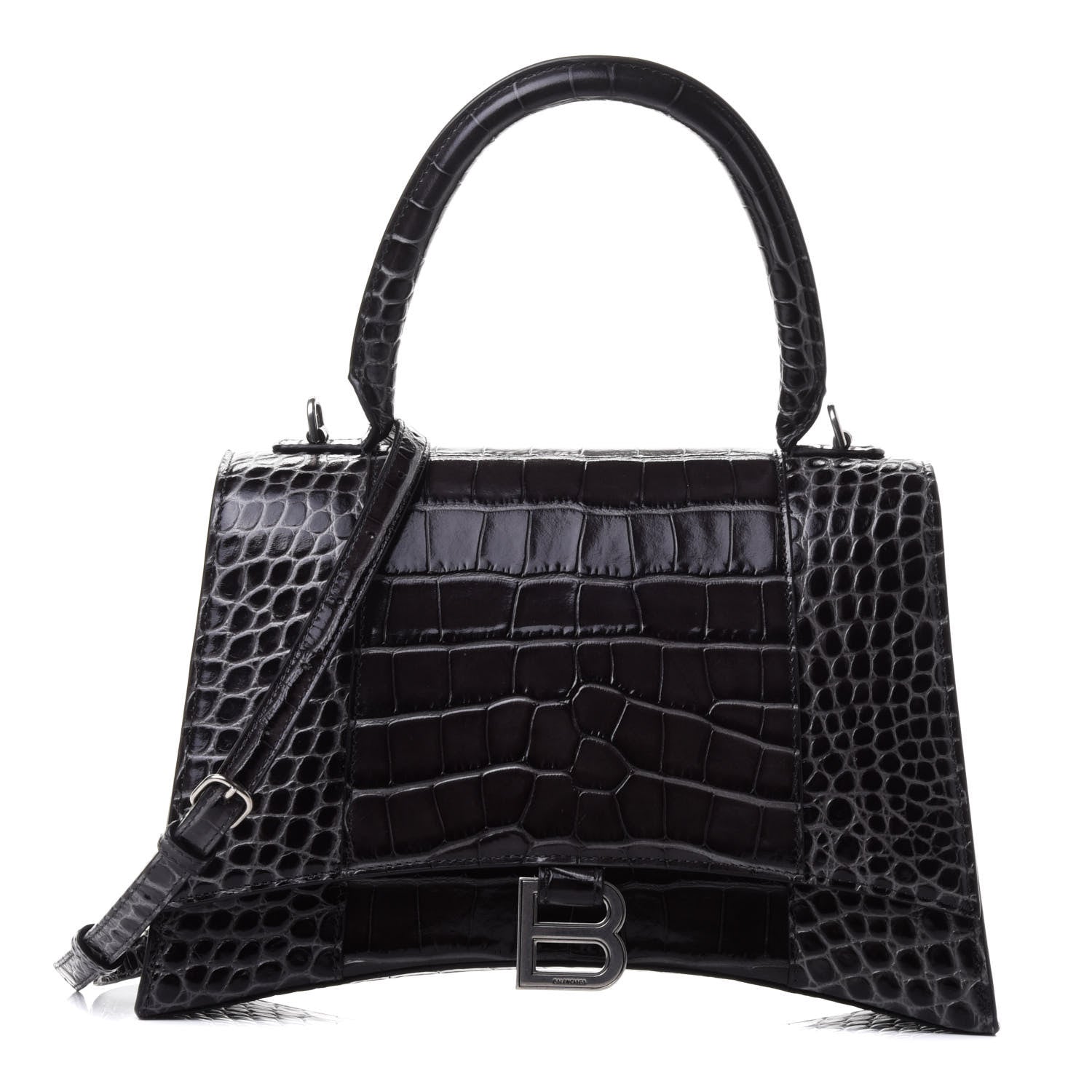 Balenciaga Shiny Calfskin Crocodile Embossed Medium Hourglass Top Handle Bag Dark Grey 1 of 4