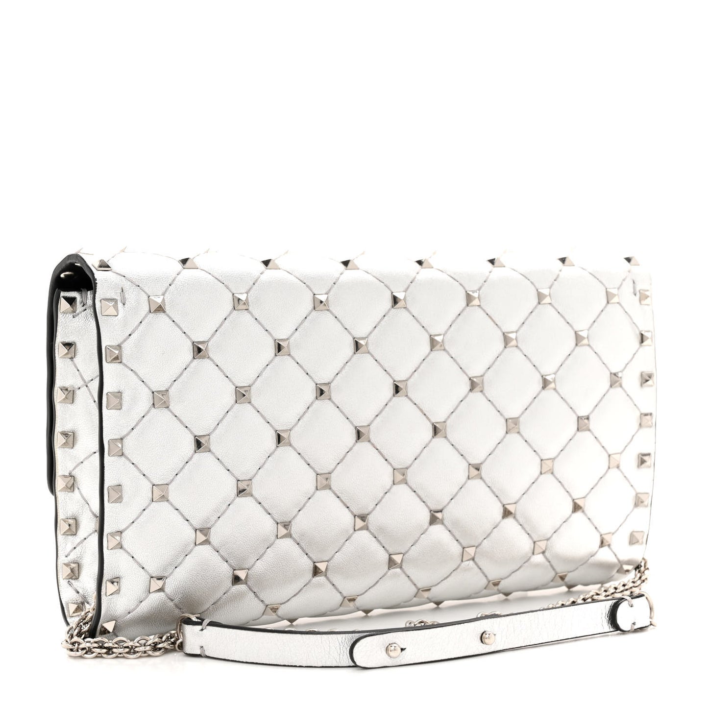 Metallic Nappa Rockstud Spike Wallet on Chain Silver