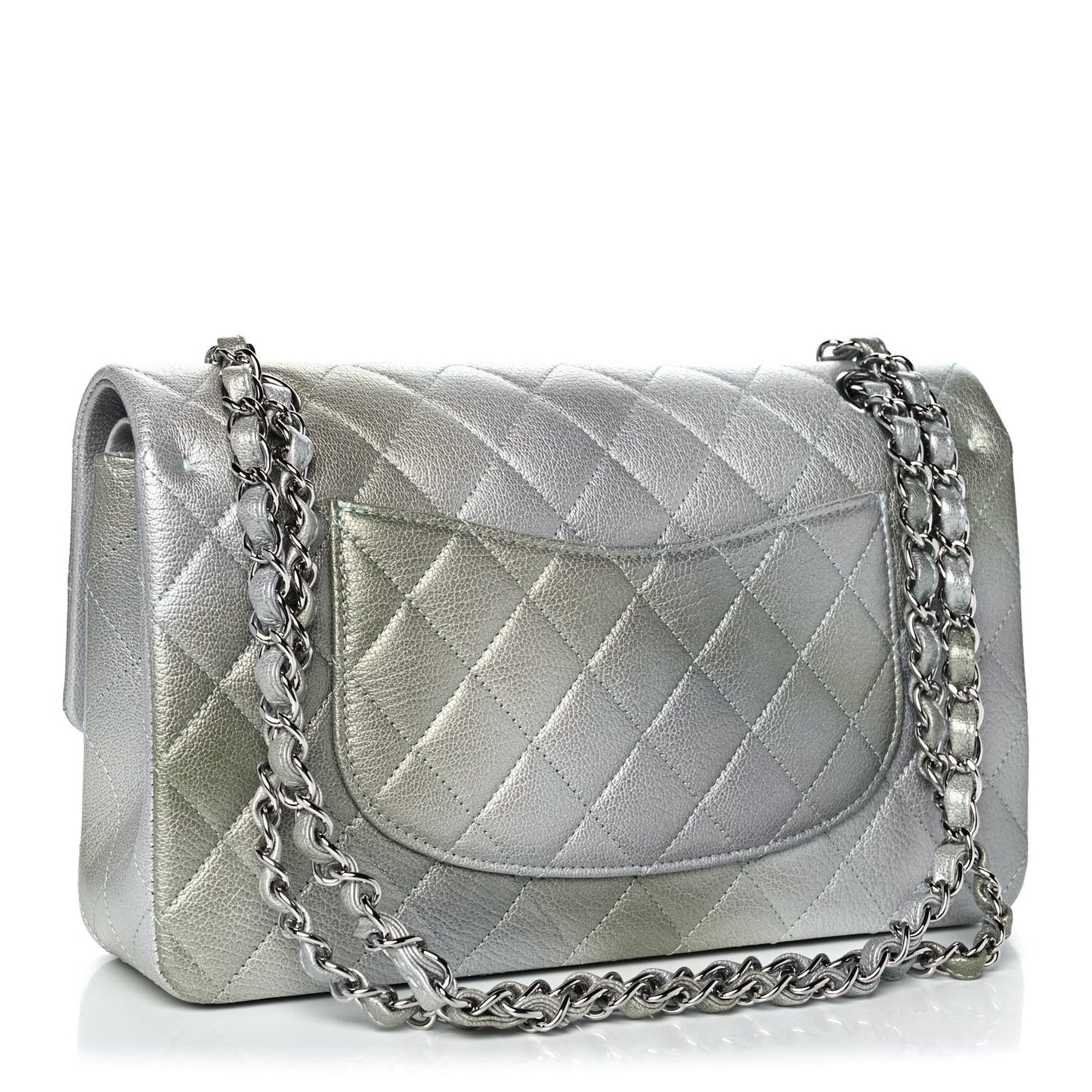 Metallic Goatskin Quilted Medium Double Flap Grey Green