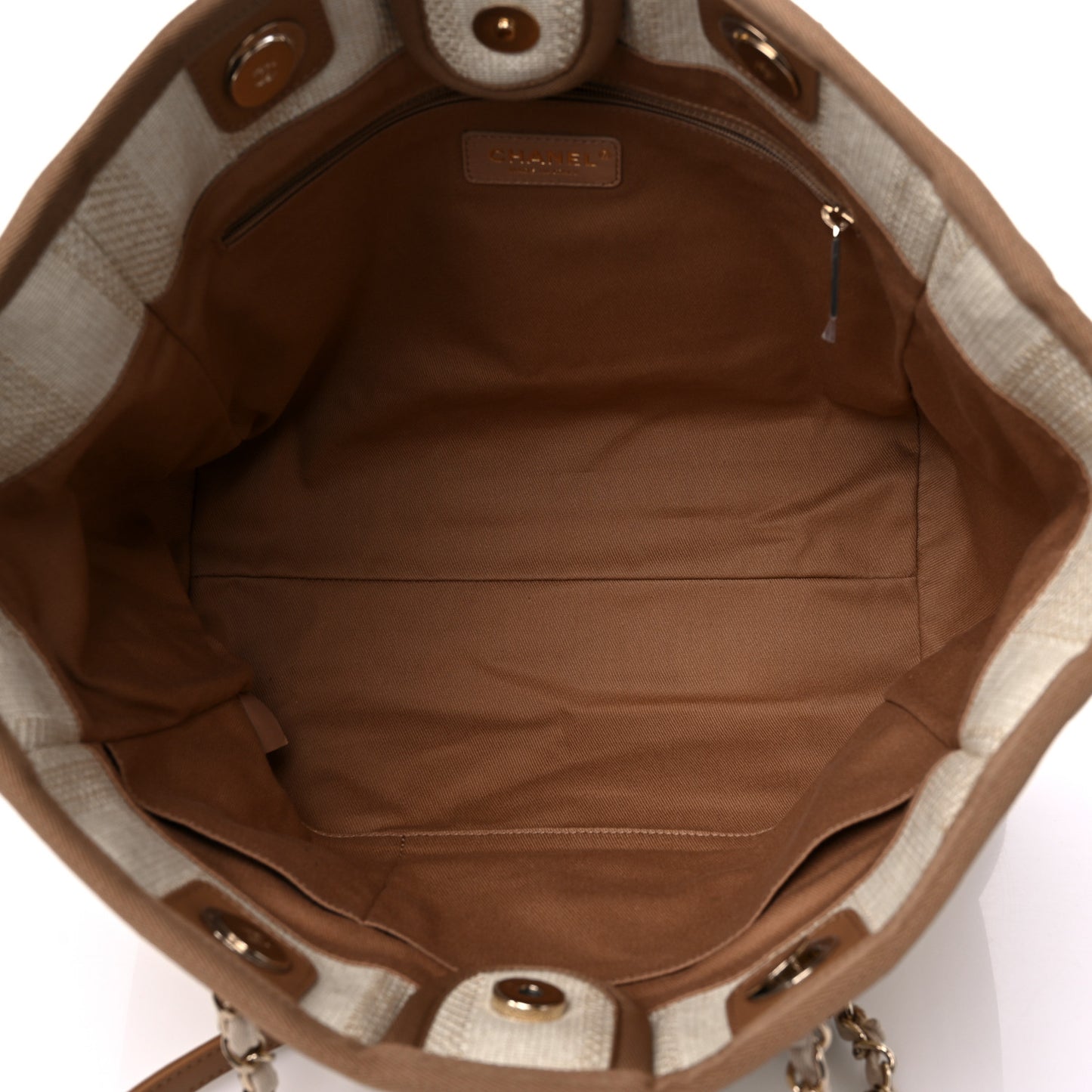 Mixed Fibers Calfskin Striped Small Deauville Tote Beige