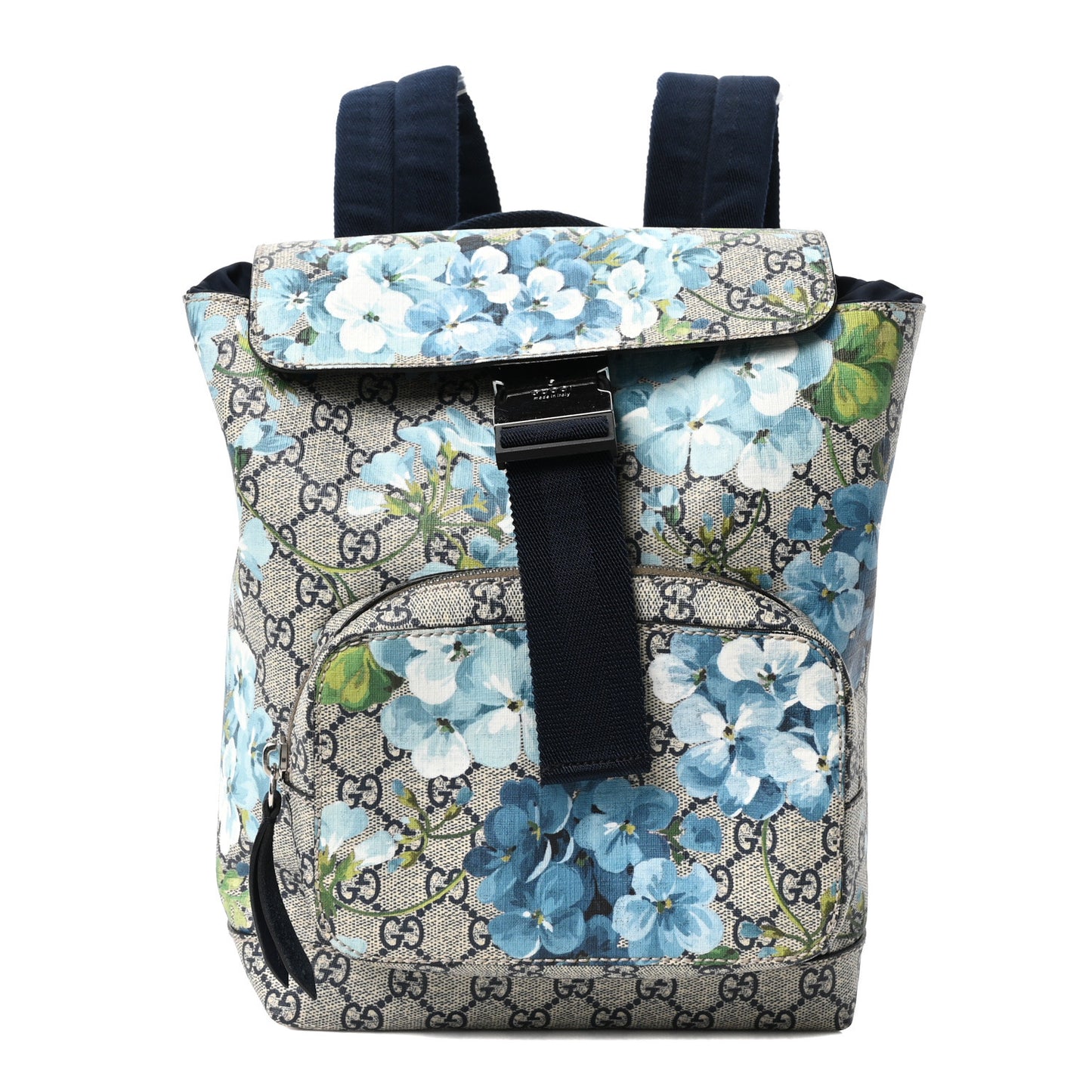 GG Supreme Monogram Blooms Small Single Buckle Backpack Beige Blue Navy