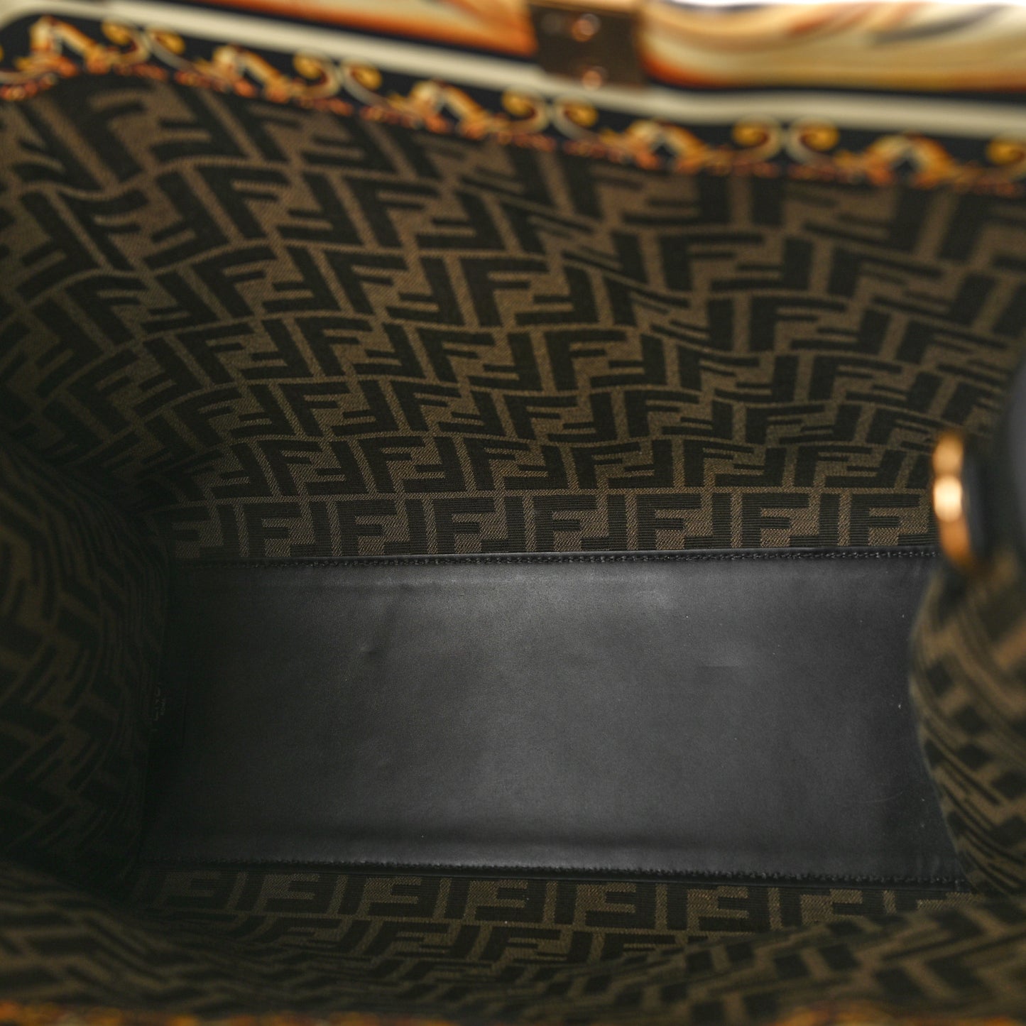 X VERSACE Calfskin Plexiglass Fendace FF Baroque Print Medium Fendi Sunshine Shopper Tote Black Gold