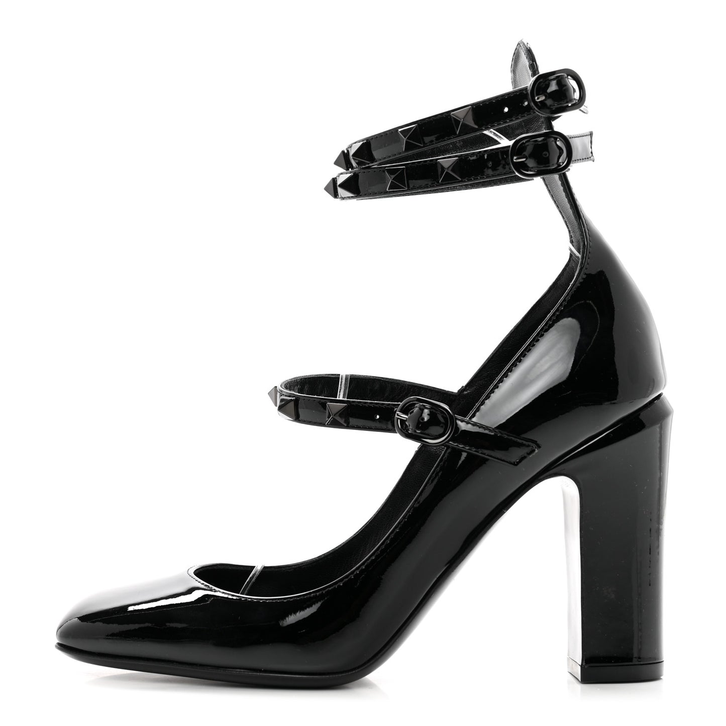Patent Monochrome Rockstud Tan-Go Ankle Strap Pumps 37 Black