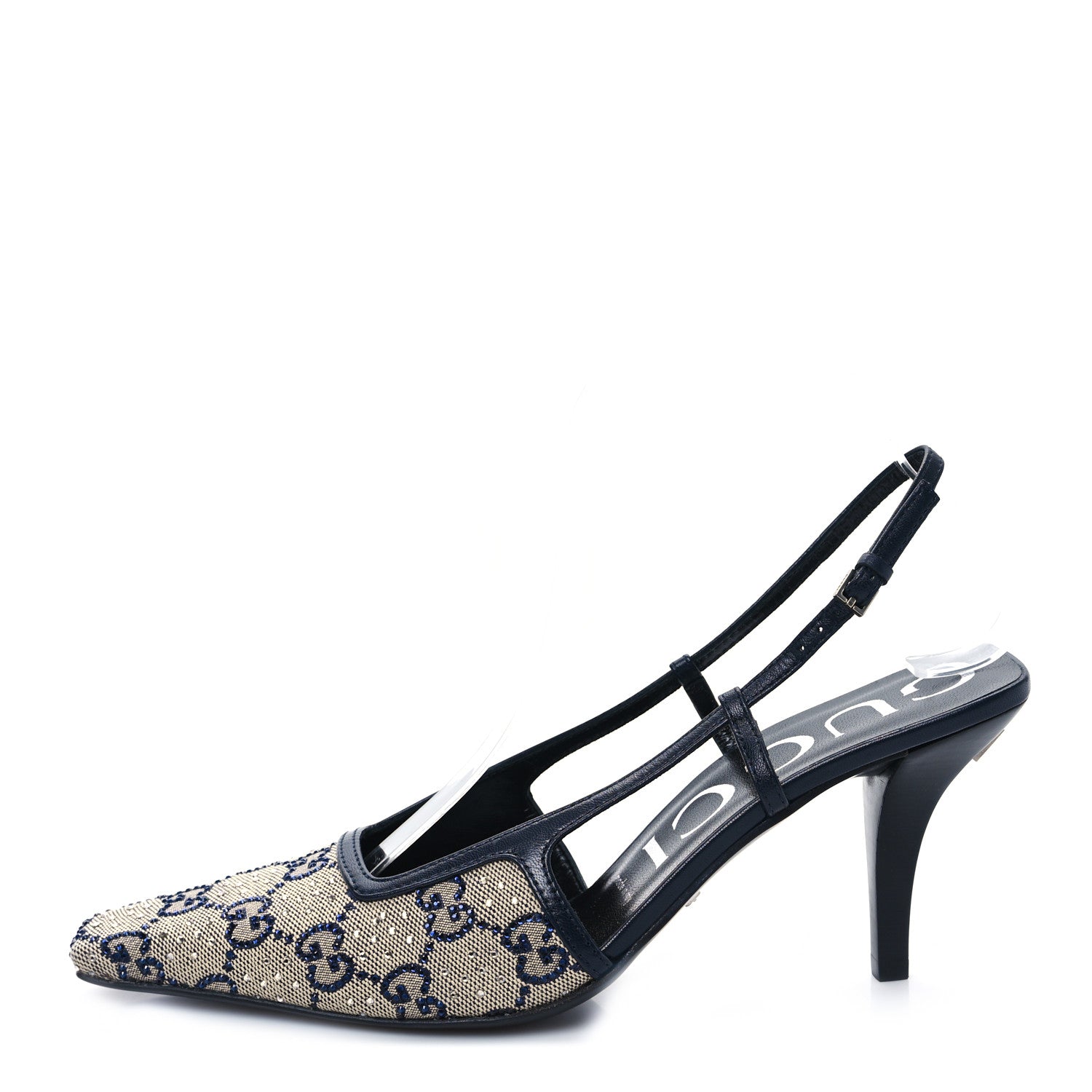 Gucci GG Monogram Malaga Kid Crystal Square G 75mm Slingback Pumps 37.5 Beige Blue 1 of 7