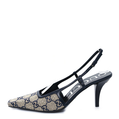 Gucci GG Monogram Malaga Kid Crystal Square G 75mm Slingback Pumps 37.5 Beige Blue 1 of 7