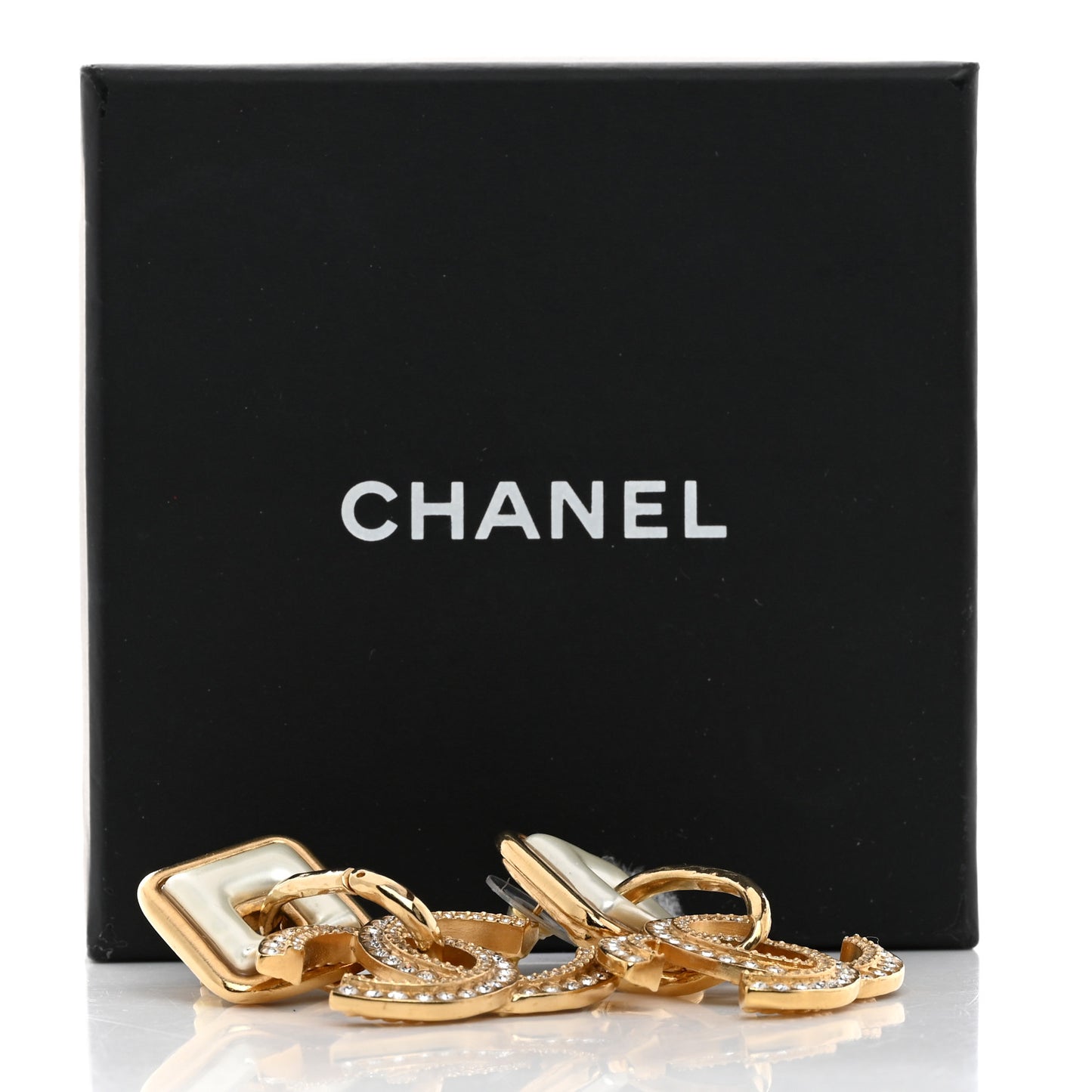 Crystal Pearl CC Square Drop Earrings Gold Pearly White