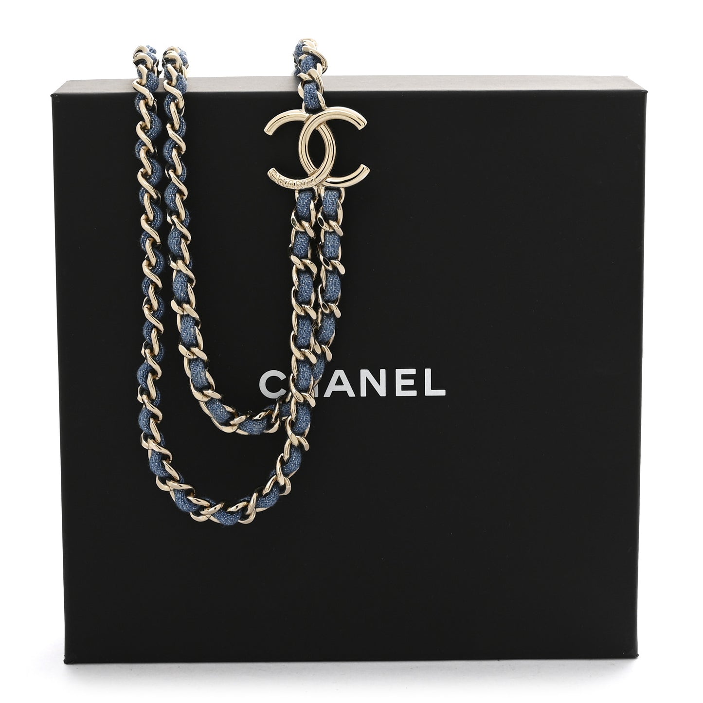 Metal Denim CC Double Chain Necklace Blue Gold